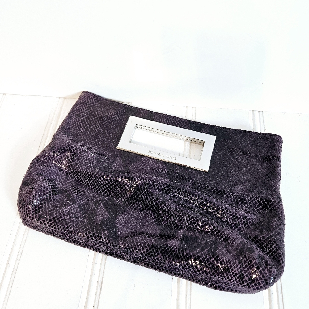 Michael Kors Black Purple Snake Print Pebbled Leather Clutch Purse Evening